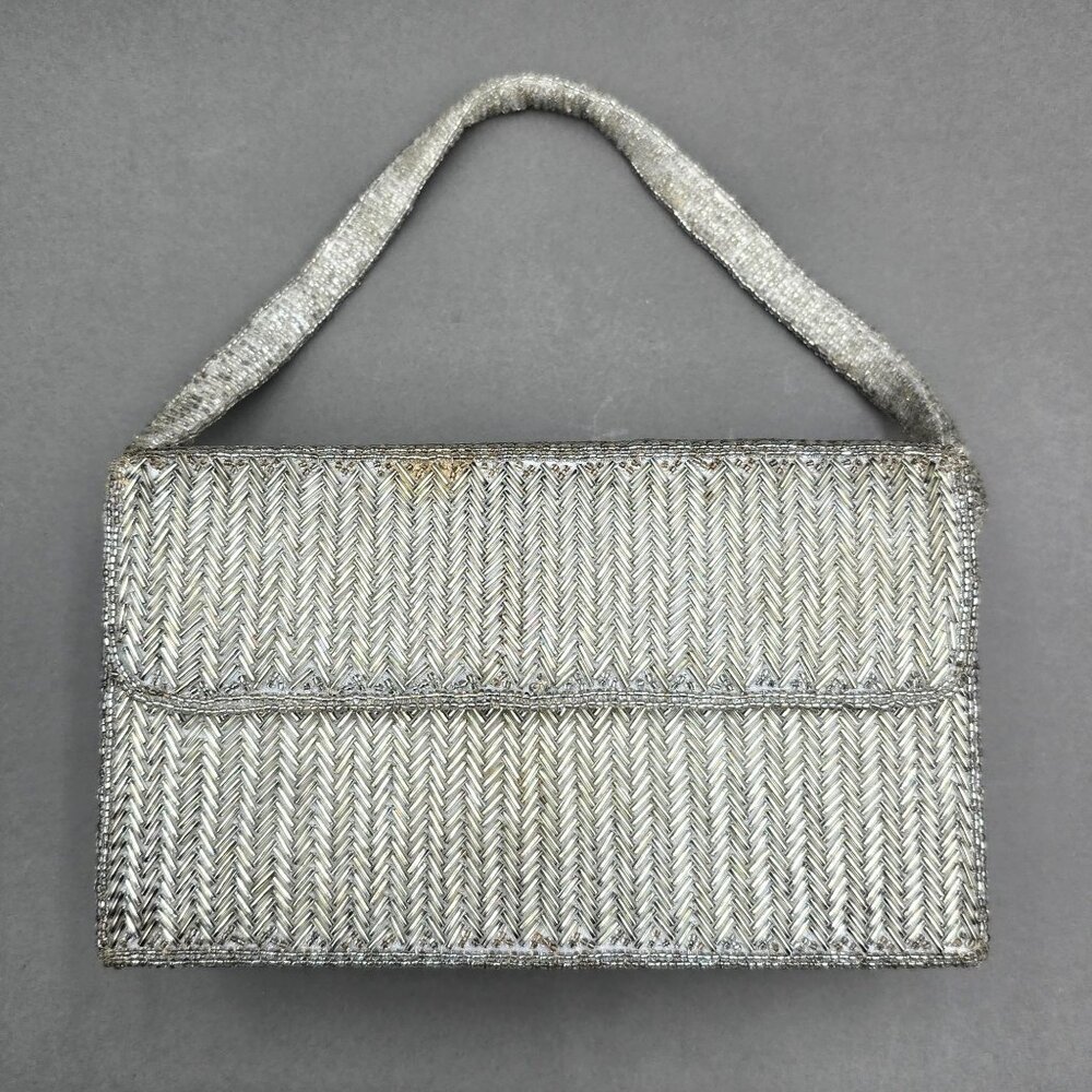 VTG Silver Beaded Herringbone Evening Bag Top Handle 50s La Regale READ - Picture 1 of 15